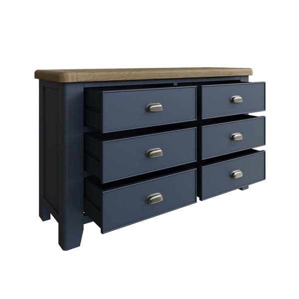 Holmsley Blue dark blue and smoked oak Wide 6 Drawer Chest|Wide chest of drawers with a dark blue and smoked oak finish.